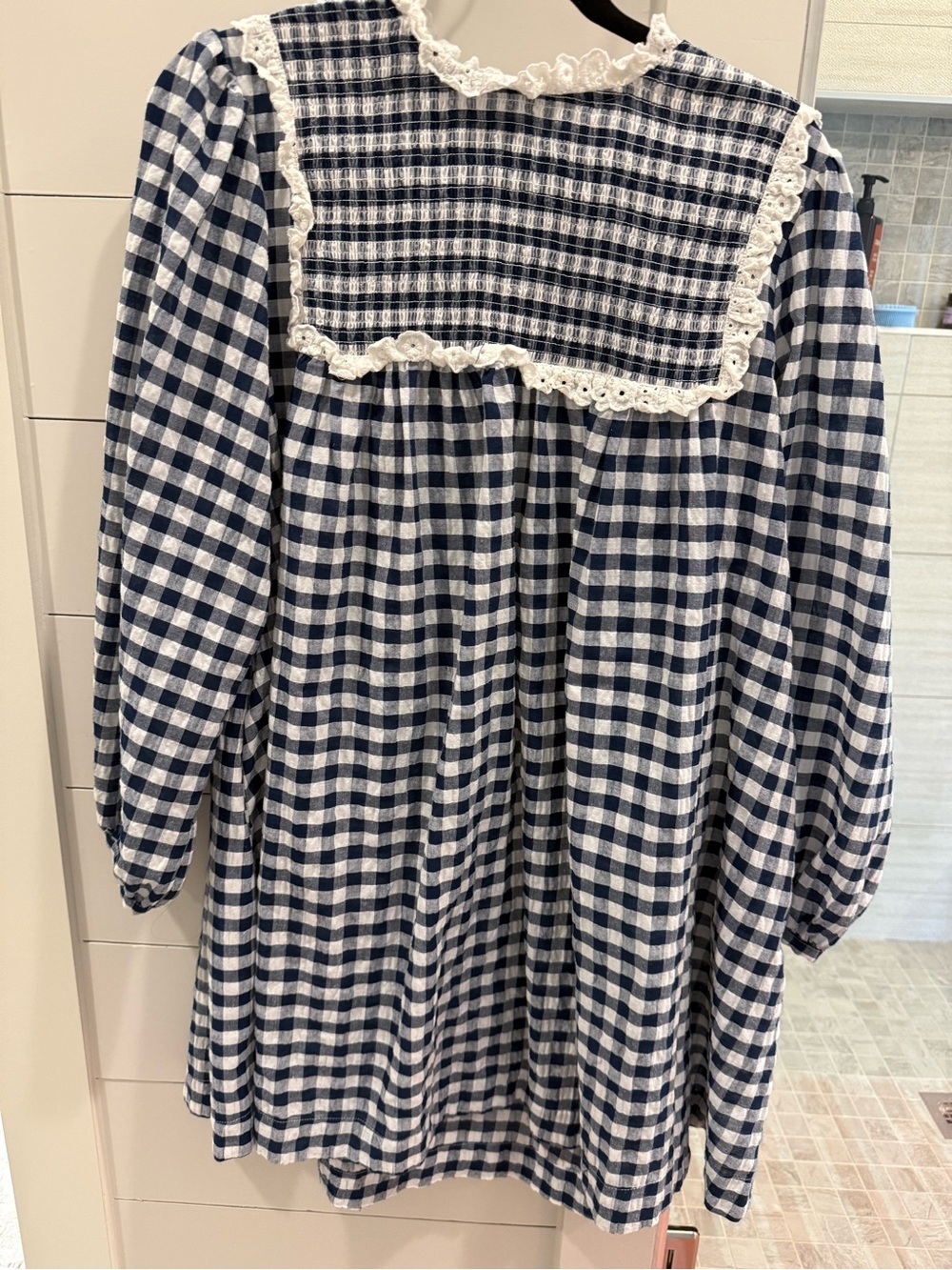EUC HUNTER BELL Carlyle Navy and White Gingham Mini Dress with Lace Yoke